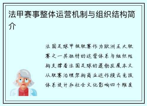 法甲赛事整体运营机制与组织结构简介
